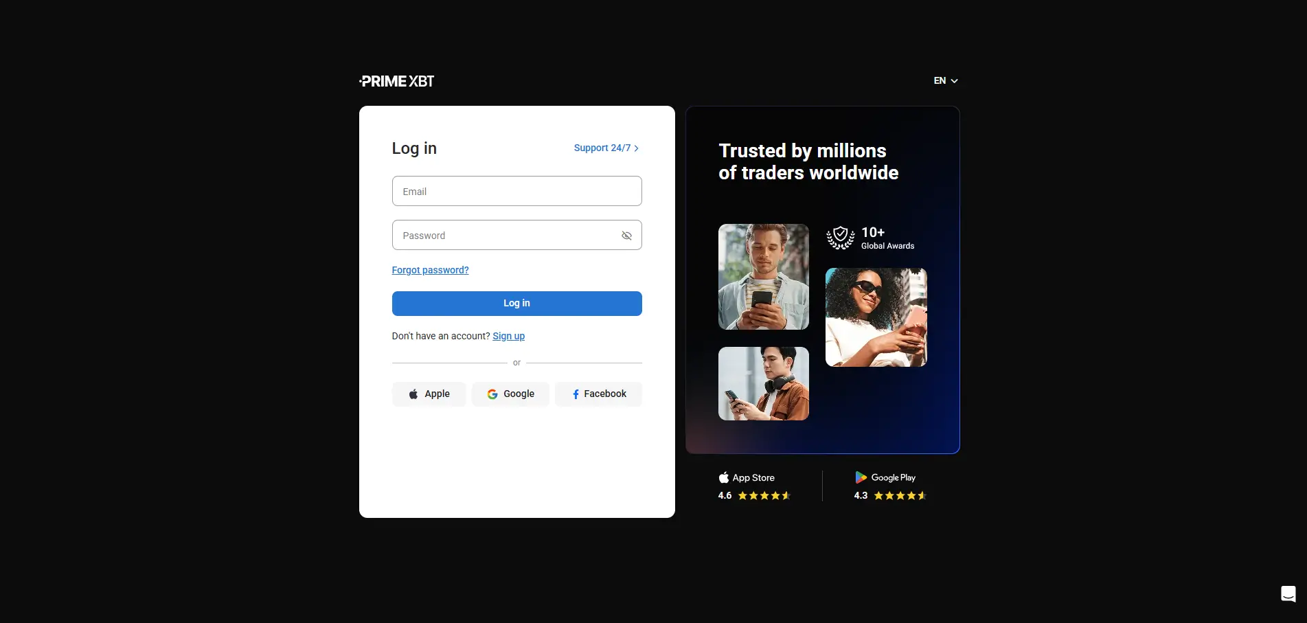 PrimeXBT Log in Interface