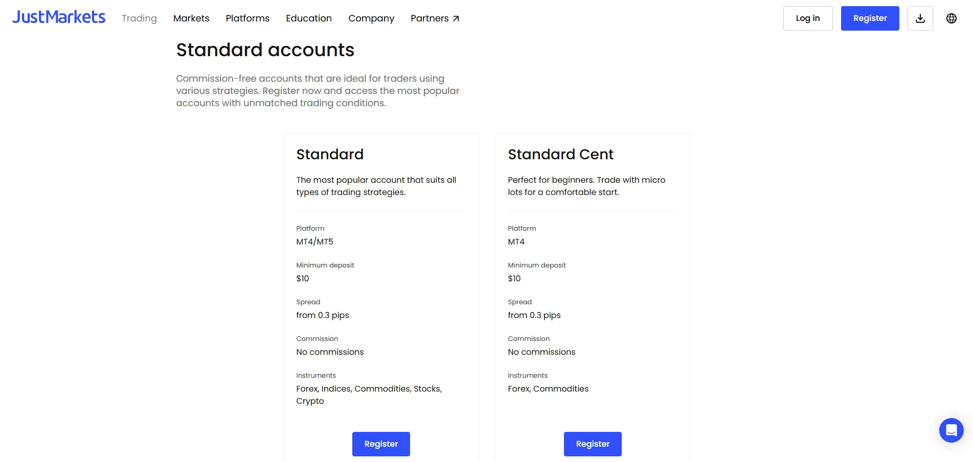JustMarkets Standard Accounts